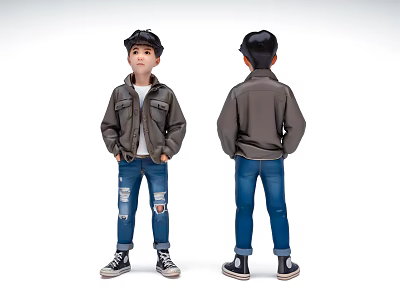 Man in Casual Outfit Front and Back View Wearing Jacket Jeans Canvas Shoes and Cap 3d model