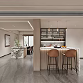 Modern Living Dining Room Interior with Circular Hanging Light Sofa Coffee Table Rug and Wooden Shelving