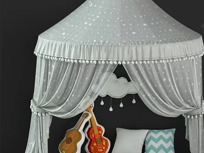 White Canopy Kids Bed With Star Pattern Curtains Cloud Decoration And Guitar Pillows 3d model
