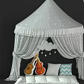 White Canopy Kids Bed With Star Pattern Curtains Cloud Decoration And Guitar Pillows
