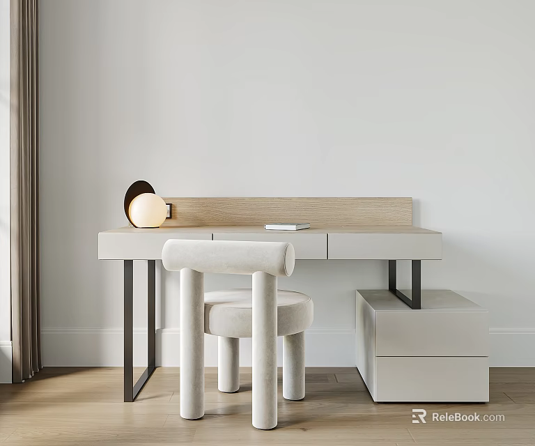 Modern Home Office Desk and Chair Set with Wooden Top Metal Legs and Upholstered Seat 3d model 