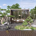 Serene Courtyard Garden With Wooden Pergola Pine Trees Stones Wooden Deck Sofa And Lighting