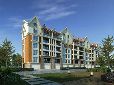 European Style Residential Building With Red Brick Light Colored Facade Balconies And Greenery Trees Lawn 3d model