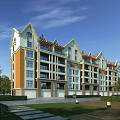 European Style Residential Building With Red Brick Light Colored Facade Balconies And Greenery Trees Lawn