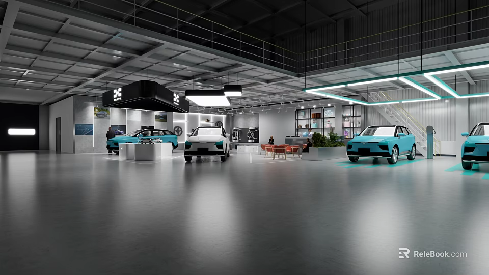 Modern Car Showroom Interior With Multiple Vehicles Display Areas And Lighting 3d model 