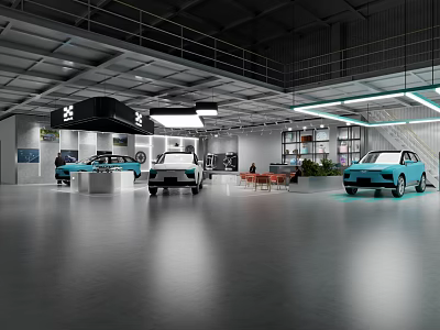Modern Car Showroom Interior With Multiple Vehicles Display Areas And Lighting 3d model