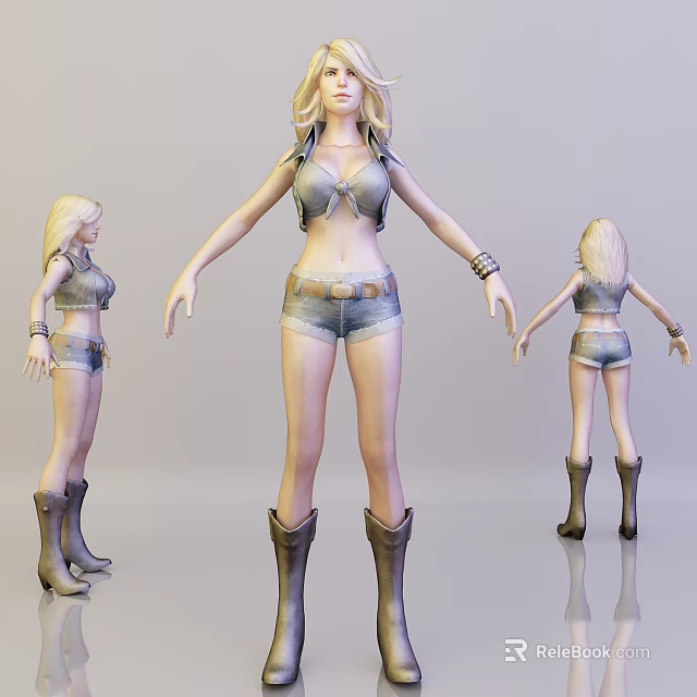 3D Model Woman Wearing Gray Crop Top Denim Shorts Brown Boots Front Side Back Views 3d model 