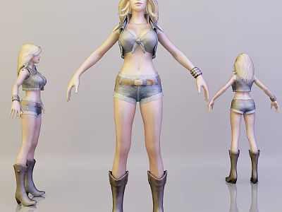 3D Model Woman Wearing Gray Crop Top Denim Shorts Brown Boots Front Side Back Views 3d model