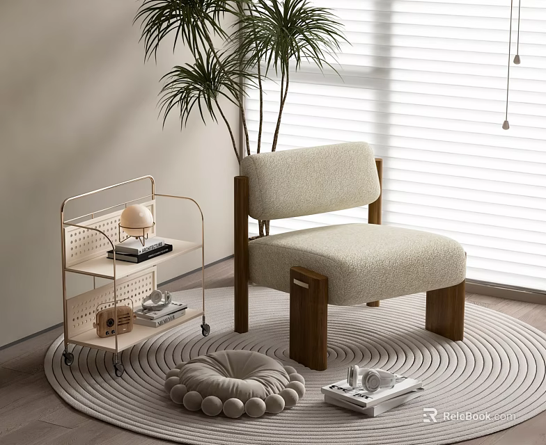 Cozy Modern Accent Chair with Beige Cushion Wooden Legs Near Green Plant and Round Rug 3d model 