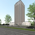 Modern High Rise Office Building With Glass Curtain Wall Low Rise Podium And Surrounding Trees