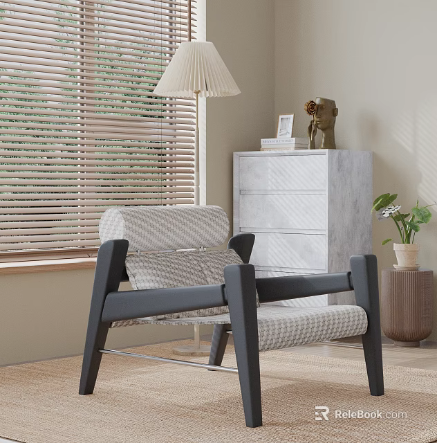 Modern Lounge Chair With Black Frame Light Textured Cushion By Window Blinds And Marble Chest 3d model 
