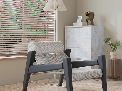 Modern Lounge Chair With Black Frame Light Textured Cushion By Window Blinds And Marble Chest 3d model