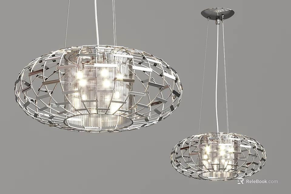 Modern Circular Chandeliers With Metallic Openwork Design And Illuminated Glass Elements 3d model 