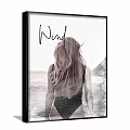 Black and White Figure Painting of Blonde Woman with Wind Blown Hair and Seaside Background