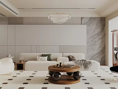 Modern Living Room Design With White Sofa Wooden Coffee Table Geometric Rug Chandelier Textured Walls 3d model