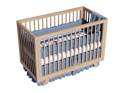 Light Wood Baby Crib With Blue Mattress White Striped Bedding And Frilled Base 3d model
