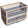 Light Wood Baby Crib With Blue Mattress White Striped Bedding And Frilled Base
