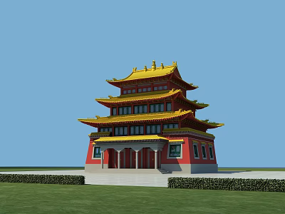 Ancient Chinese Multi Story Architecture Red Walls Yellow Roof Overhanging Eaves Green Lawn Blue Sky 3d model