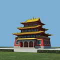 Ancient Chinese Multi Story Architecture Red Walls Yellow Roof Overhanging Eaves Green Lawn Blue Sky