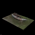 Abandoned Boat With Rusted Hull Grassy Field And Shark Graffiti Artwork