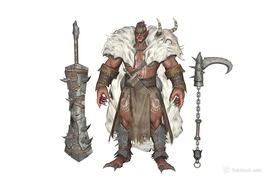 Mythical Horned Warrior Character In Fur Cloak Spiked Armor With Spear And Axe 3d model 