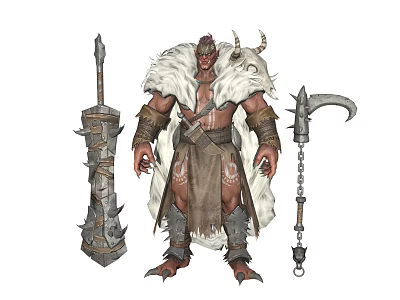 Mythical Horned Warrior Character In Fur Cloak Spiked Armor With Spear And Axe 3d model