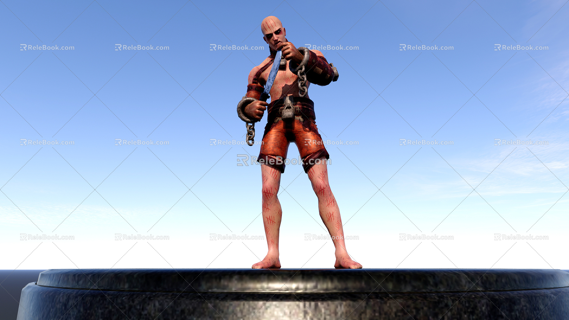 Modern man with chain wounded bald-headed prisoner 3d model