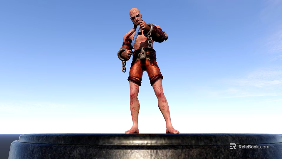 Bald Shirtless Man with Chain and Red Shorts Standing on Platform Against Blue Sky 3d model 