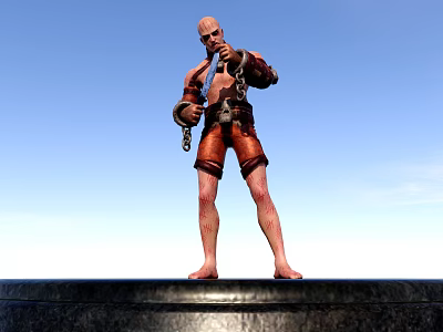 Bald Shirtless Man with Chain and Red Shorts Standing on Platform Against Blue Sky 3d model