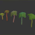 Five Different Sizes Green Palm Trees With Orange Trunks On Gray Background And Reflections