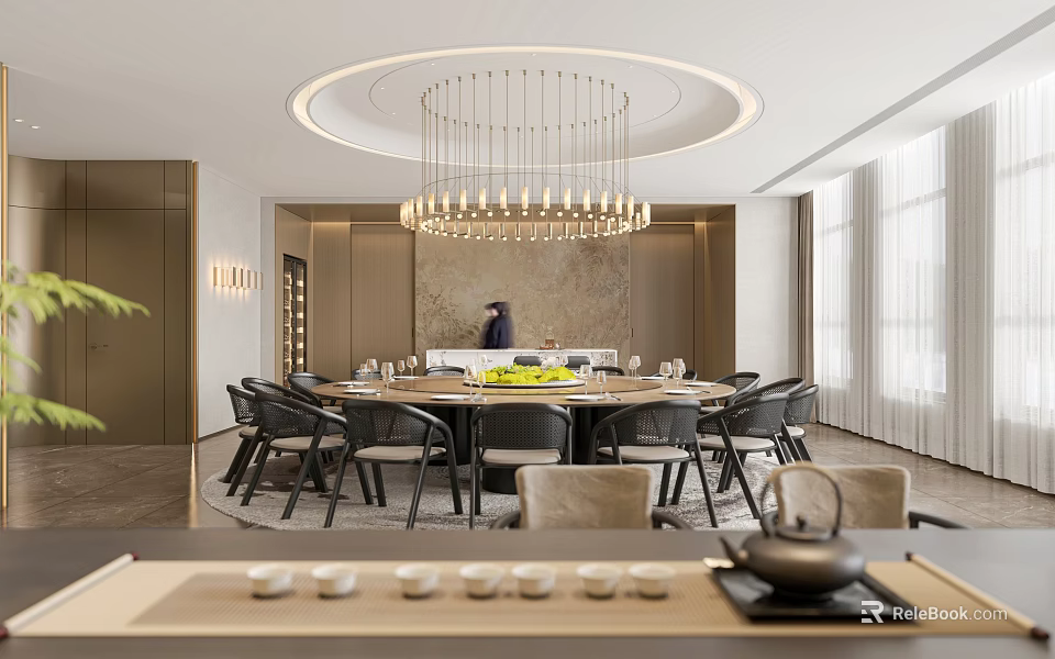 Elegant Private Room With Round Table And Chandelier 3d model
