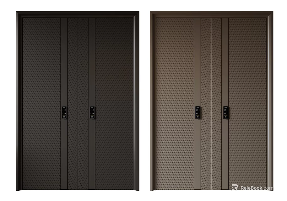 Modern Double Doors With Dark Black And Brown Textured Surface And Metal Handles 3d model 