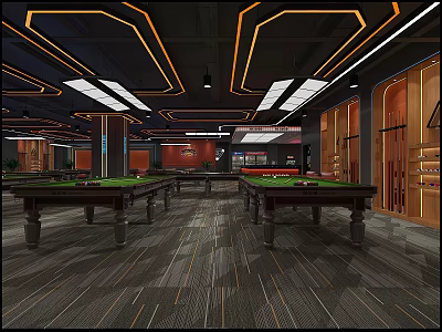 Modern Billiard Room Interior Design With Multiple Pool Tables And Stylish Lighting 3d model