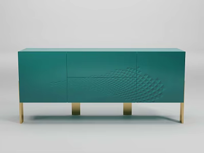Modern Teal Sideboard With Wavy Texture And Gold Metal Legs 3d model