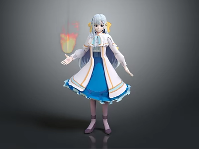 3D Anime Character With Long Silver Hair And Blue White Dress Interacting With Flame Creature 3d model