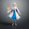 3D Anime Character With Long Silver Hair And Blue White Dress Interacting With Flame Creature