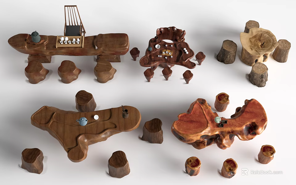 Natural Wooden Table Chair Set With Stump Stools And Irregular Design Elements 3d model