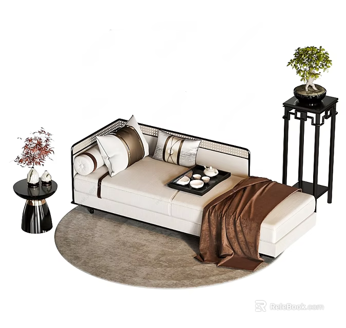 Modern Living Room Interior With Beige Sofa Pillows Side Table And Plants 3d model 