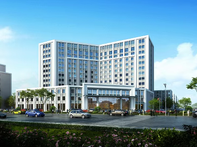 Modern Multi Story School Building with Large Windows Parking Lot Cars Greenery Flowers Blue Sky 3d model