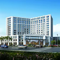 Modern Multi Story School Building with Large Windows Parking Lot Cars Greenery Flowers Blue Sky