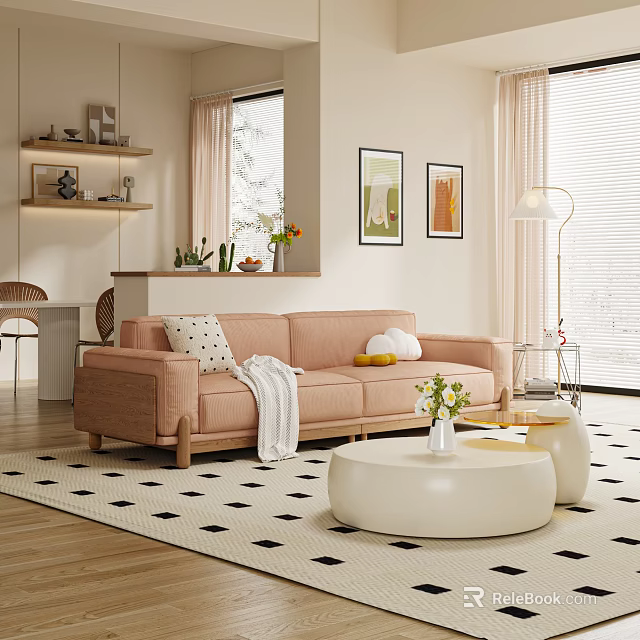 Pink Double Sofa With Patterned Cushion White Throw Blanket And Round Coffee Table Green Plant 3d model