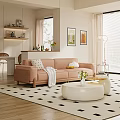 Pink Double Sofa With Patterned Cushion White Throw Blanket And Round Coffee Table Green Plant 3d model