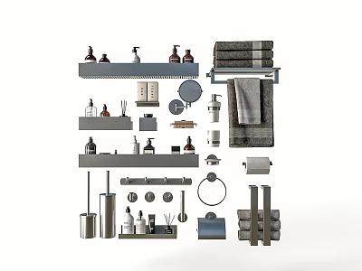 Modern Bathroom Accessories Set Including Shelves Towels Bottles Mirror Toilet Paper Holder And Hooks 3d model