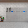Gray Metal Lockers With Blue Labels A B Green Plants Textured White Wall Wooden Ceiling