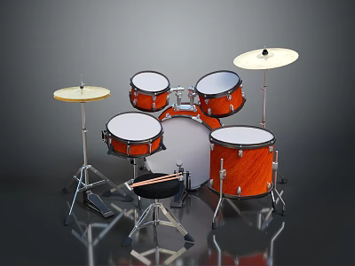 Orange Wood Grain Drum Set With White Drumheads Cymbals And Drumsticks 3d model