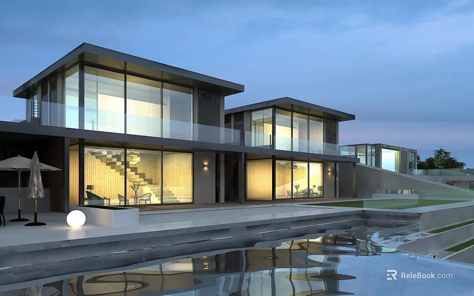 Modern Detached Villa Exterior With Large Glass Windows Pool Terrace And Reflective Evening Lighting 3d model 
