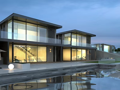 Modern Detached Villa Exterior With Large Glass Windows Pool Terrace And Reflective Evening Lighting 3d model