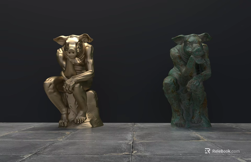 Sitting Animal Landscape Sculptures in Golden and Turquoise Bronze with Dark Background and Gray Floor 3d model 