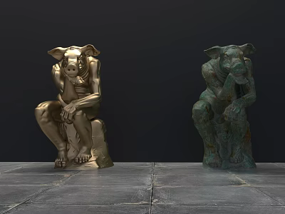 Sitting Animal Landscape Sculptures in Golden and Turquoise Bronze with Dark Background and Gray Floor 3d model