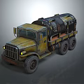 Vintage Yellow Military Tank With Black Fuel Tank And Six Large Wheels
